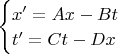 $\begin{cases}x'=Ax-Bt\\ t'=Ct-Dx\end{cases}$