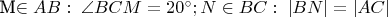 M\in AB: \;\angle BCM= 20^{\circ}; N\in BC: \; |BN|=|AC|