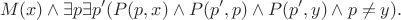 $$M(x)\wedge\exists p\exists p'(P(p,x)\wedge P(p',p)\wedge P(p',y)\wedge p\ne y).$$
