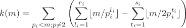 $$ k(m)=\sum \limits_{p_i<m; p\ne 2}\left(\sum\limits_{l_i=1}^{r_i}\lfloor m/p_i^{l_i}\rfloor - \sum\limits_{t_i=1}^{s_i}\lfloor m/2p_i^{t_i}\rfloor\right) $$
