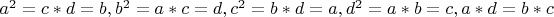 $a^2=c*d=b, b^2=a*c=d, c^2=b*d=a, d^2=a*b=c, a*d=b*c$