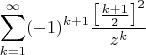 $$\sum_{k=1}^\infty (-1)^{k+1}\frac{\left[\frac{k+1}{2}\right]^2}{z^k}$$