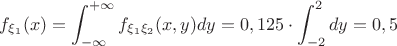$f_{\xi_1}(x)=\displaystyle\int_{-\infty}^{+\infty}f_{\xi_1\xi_2}(x,y)dy=0,125\cdot \displaystyle\int_{-2}^{2}dy=0,5$