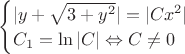 $\begin{cases}
|y + \sqrt{3 + y^2}| = |Cx^2|\\
C_1 = \ln|C|  \Leftrightarrow C \ne 0
\end{cases}$