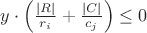 $y \cdot \left( \frac{\vert{}R\vert{}}{r_i} + \frac{\vert{}C\vert{}}{c_j} \right) \le 0$