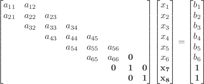 $$\begin{bmatrix}
a_{11}&a_{12}&&&&&&\\
a_{21}&a_{22}&a_{23}&&&&&\\
&a_{32}&a_{33}&a_{34}&&&&\\
&&a_{43}&a_{44}&a_{45}&&&\\
&&&a_{54}&a_{55}&a_{56}&&\\
&&&&a_{65}&a_{66}&\mathbf 0&\\
&&&&&\mathbf 0&\mathbf 1&\mathbf 0\\
&&&&&&\mathbf 0&\mathbf 1\end{bmatrix}
\begin{bmatrix}x_1\\x_2\\x_3\\x_4\\x_5\\x_6\\\mathbf {x_7}\\\mathbf {x_8}\end{bmatrix}=
\begin{bmatrix}b_1\\b_2\\b_3\\b_4\\b_5\\b_6\\\mathbf 1\\\mathbf 1\end{bmatrix}$$