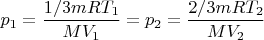 $p_1=\dfrac{1/3mRT_1}{MV_1}=p_2=\dfrac{2/3mRT_2}{MV_2}$