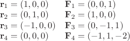 $\begin{array}{ll}\mathbf r_1=(1,0,0)&\mathbf F_1=(0,0,1)\\\mathbf r_2=(0,1,0)&\mathbf F_2=(1,0,0)\\\mathbf r_3=(-1,0,0)&\mathbf F_3=(0,-1,1)\\\mathbf r_4=(0,0,0)&\mathbf F_4=(-1,1,-2)\end{array}$