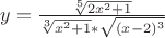 $y=\frac{\sqrt[5]{2x^2+1}}{\sqrt[3]{x^2+1}*\sqrt{(x-2)^3}}$