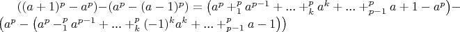 $\left((a+1)^p-a^p\right)-\left(a^p-(a-1)^p\right)=\left(a^p+_1^pa^{p-1}+\text{...}+_k^pa^k+\text{...}+_{p-1}^pa+1-a^p\right)-\left(a^p-\left(a^p-_1^pa^{p-1}+\text{...}+_k^p(-1)^ka^k+\text{...}+_{p-1}^pa-1\right)\right)$