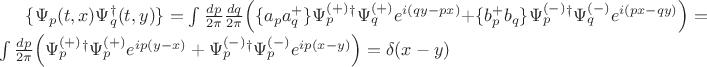 $\{ \Psi_p(t,x) \Psi_q^{\dagger}(t,y)\} = \int \frac{dp}{2\pi}\frac{dq}{2\pi} \Big( \{a_p a_q^+\} \Psi_p^{(+)}^{\dagger}\Psi_q^{(+)} e^{i(qy-px)} + \{b_p^+ b_q\} \Psi_p^{(-)}^{\dagger}\Psi_q^{(-)}e^{i(px-qy)}\Big) = \int \frac{dp}{2\pi} \Big( \Psi_p^{(+)}^{\dagger}\Psi_p^{(+)}e^{ip(y-x)} + \Psi_p^{(-)}^{\dagger}\Psi_p^{(-)}e^{ip(x-y)} \Big)   = \delta(x-y) $