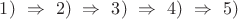 $1)\ \Rightarrow\ 2)\ \Rightarrow\ 3)\ \Rightarrow\ 4)\ \Rightarrow\ 5)$