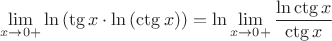 $$\lim\limits_{x \to 0+}^{} \ln{(\tg{x} \cdot \ln{(\ctg{x}}))} = \ln{\lim\limits_{x \to 0+}^{} \frac{\ln{\ctg{x}}}{\ctg{x}}}$$