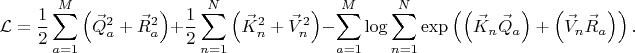 $$
\mathcal{L} = \frac{1}{2} \sum_{a=1}^{M} \left( \vec{Q}^{2}_{a} + \vec{R}^{2}_{a} \right)
+ \frac{1}{2} \sum_{n=1}^{N} \left( \vec{K}^{2}_{n} + \vec{V}^{2}_{n} \right)
- \sum_{a=1}^{M} \log \sum_{n = 1}^{N}
\exp \left( \left(\vec{K}_{n} \vec{Q}_{a} \right) + \left(\vec{V}_{n} \vec{R}_{a} \right) \right).
$$