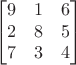 $$\begin{bmatrix}
9 & 1 & 6 \\
2 & 8 & 5 \\
7 & 3 & 4 \\
\end{bmatrix}$$