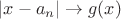 $|x - a_n| \to g(x)$