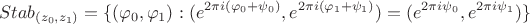$$Stab_{(z_0,z_1)}=\{(\varphi_0,\varphi_1): (e^{2\pi i( \varphi_0 + \psi_0)},e^{2\pi i (\varphi_1 + \psi_1)})=(e^{2\pi i \psi_0},e^{2\pi i \psi_1})\}$$