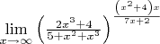 $\[\mathop {\lim }\limits_{x \to \infty } {\left( {\frac{{{2x^3} + 4}}{{5 + {x^2} + {x^3}}}} \right)^{\frac{{\left( {{x^2} + 4} \right)x}}{{7x + 2}}}}\]$
