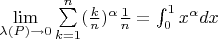 $\lim\limits_{\lambda(P) \to 0}  \sum\limits_{k=1}^n (\frac{k}{n})^{\alpha} \frac{1}{n} = \int_0^1 x^{\alpha} dx$