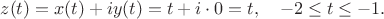 $$
z(t)=x(t)+iy(t)= t+i\cdot 0=t, \quad -2\leq t\leq -1.
$$