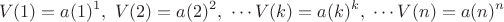 $$
V(1) = a(1)^1,\  V(2) = a(2)^2,\ \cdots V(k) = a(k)^k,\ \cdots V(n) = a(n)^n
$$