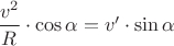 $\dfrac{v^2}{R}\cdot\cos\alpha=v'\cdot\sin\alpha$