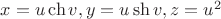 $x=u\ch v, y=u\sh v, z=u^2$