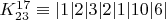$ K_{23}^{17} \equiv  |1|2|3|2|1|10|6|$