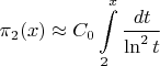 $$\pi_2(x)\approx C_0\int\limits_{2}^{x}\frac{dt}{\ln^2t}$$