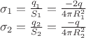 $\[\begin{array}{l}
{\sigma _1} = \frac{{{q_{_1}}}}{{{S_1}}} = \frac{{ - 2q}}{{4\pi R_1^2}}\\
{\sigma _2} = \frac{{{q_2}}}{{{S_2}}} = \frac{{ - q}}{{4\pi R_2^2}}
\end{array}\]$