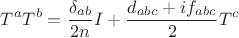 $$T^a T^b=\frac{\delta_{ab}}{2n} I+\frac{d_{abc}+i f_{abc}}{2} T^c$$
