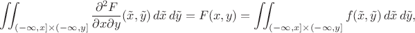 $$\iint_{(-\infty, x]\times (-\infty, y]} \frac{\partial^2 F}{\partial x \partial y}(\tilde x, \tilde y) \, d\tilde x\, d\tilde y = F(x,y)=\iint_{(-\infty, x]\times (-\infty, y]} f(\tilde x, \tilde y) \, d\tilde x\, d\tilde y,$$