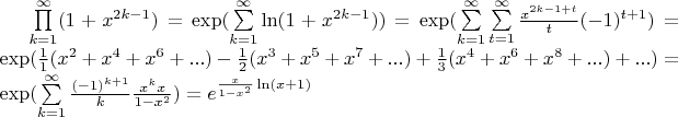 $\prod\limits_{k=1}^\infty (1+x^{2k-1}) = \exp ( \sum\limits_{k=1}^\infty \ln (1 + x^{2k-1} ) ) = \exp (\sum\limits_{k=1}^\infty\sum\limits_{t=1}^\infty \frac{x^{2k-1+t}}{t} (-1)^{t+1} ) = \exp( \frac{1}{1} (x^2 + x^4 + x^6 + ... ) - \frac{1}{2} (x^3 + x^5 + x^7 + ...) + \frac{1}{3} (x^4 + x^6 +x^8 + ...) + ... ) = \exp( \sum\limits_{k=1}^\infty \frac{(-1)^{k+1}}{k} \frac {x^k  x}{1-x^2} ) = e^{\frac{x}{1-x^2}\ln(x+1)}  $