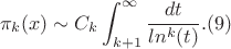 $$\pi_k(x)\sim C_k\int_{k+1}^{\infty}{\frac {dt} {ln^k(t)}}.(9)$$
