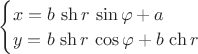 $\begin{cases}x=b \,\sh r\,\sin\varphi+a\\y=b\,\sh r\,\cos\varphi+b\,\ch r\end{cases}$