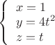 $
\left\{ \begin{array}{l}
x=1\\
y=4t^2\\
z=t
\end{array} \right
$