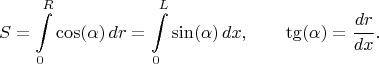 $$
S = \int\limits_{0}^{R} \cos(\alpha) \, dr = \int\limits_{0}^{L} \sin(\alpha) \, dx,
\qquad \tg(\alpha) = \frac{dr}{dx}.
$$
