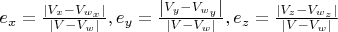 $e_{x} = \frac{\left\lvert{V_{x}-V_{w_{x}}}\right\rvert}{\left\lvert V-V_{w}\right\rvert}, e_{y} = \frac{\left\lvert{V_{y}-V_{w_{y}}}\right\rvert}{\left\lvert V-V_{w}\right\rvert}, e_{z} = \frac{\left\lvert{V_{z}-V_{w_{z}}}\right\rvert}{\left\lvert V-V_{w}\right\rvert}$