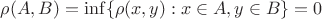 $\rho(A,B)=\inf\{\rho(x,y):x\in A,y\in B\}=0$