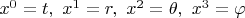 $x^0 = t,\ x^1 = r,\ x^2 = \theta,\ x^3 = \varphi$