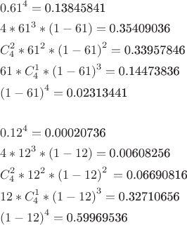 $$\[\begin{align}
  & {{0.61}^{4}}=\text{0}\text{.13845841} \\ 
 & 4*{{61}^{3}}*(1-61)=\text{0}\text{.35409036} \\ 
 & C_{4}^{2}*{{61}^{2}}*{{(1-61)}^{2}}=\text{0}\text{.33957846} \\ 
 & 61*C_{4}^{1}*{{(1-61)}^{3}}=\text{0}\text{.14473836} \\ 
 & {{(1-61)}^{4}}=\text{0}\text{.02313441} \\ 
 &  \\ 
 & {{0.12}^{4}}=\text{0}\text{.00020736} \\ 
 & 4*{{12}^{3}}*(1-12)=\text{0}\text{.00608256} \\ 
 & C_{4}^{2}*{{12}^{2}}*{{(1-12)}^{2}}\,=\text{0}\text{.06690816} \\ 
 & 12*C_{4}^{1}*{{(1-12)}^{3}}=\text{0}\text{.32710656} \\ 
 & {{(1-12)}^{4}}=\text{0}\text{.59969536} \\ 
\end{align}\]$$
