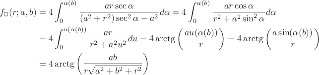 $$\begin{aligned}f_\Box(r;a,b)&=4\int_0^{\alpha(b)}\frac{ar\sec\alpha}{(a^2+r^2)\sec^2\alpha-a^2}d\alpha=4\int_0^{\alpha(b)}\frac{ar\cos\alpha}{r^2+a^2\sin^2\alpha}d\alpha\\&=4\int_0^{u(\alpha(b))}\frac{ar}{r^2+a^2u^2}du=4\arctg\left(\frac{au(\alpha(b))}{r}\right)=4\arctg\left(\frac{a\sin(\alpha(b))}{r}\right)\\&=4\arctg\left(\frac{ab}{r\sqrt{a^2+b^2+r^2}}\right)\end{aligned}$$