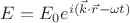 $E=E_0 e^{i(\vec k \cdot \vec r-\omega t)}$