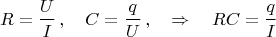 $$
R=\frac{U}{I}\,,\quad C=\frac{q}{U}\,,\quad\Rightarrow\quad RC=\frac{q}{I}
$$