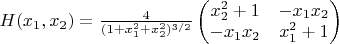 $H(x_1, x_2) = 
\frac{4}{(1+x_1^2+x_2^2)^{3/2}}\begin{pmatrix}
x_2^2+1 & -x_1 x_2 \\
 -x_1 x_2 & x_1^2+1 
\end{pmatrix} $