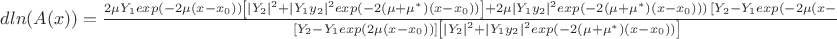 $dln(A(x))= \frac {2\mu Y_1exp(-2\mu(x-x_0))\left[\left|Y_2 \right|^2+\left|Y_1y_2 \right|^2exp(-2(\mu+\mu^*)(x-x_0)) \right]+2\mu \left|Y_1y_2 \right|^2exp(-2(\mu+\mu^*)(x-x_0)))\left\left[Y_2-Y_1exp(-2\mu (x-x_0))\right]} {\left[Y_2-Y_1exp(2\mu (x-x_0))\right]\left[\left|Y_2 \right|^2+\left|Y_1y_2 \right|^2exp(-2(\mu+\mu^*)(x-x_0)) \right]}$