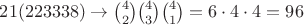 $21(223338) \to \binom{4}{2}\binom{4}{3}\binom{4}{1}=6\cdot4\cdot4=96$