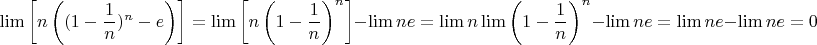 $$ \lim  \left[n\left( (1 - \frac 1 n)^n - e \right) \right] = \lim \left[ n  \left( 1 - \frac 1 n \right)^n \right] - \lim ne = \lim n \lim\left( 1 - \frac 1 n \right)^n - \lim ne = \lim n e - \lim n e =0 $$