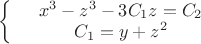 $\left\{
\begin{array}{rcl}
 &x^3 - z^3 - 3C_1 z= C_2& \\
 &C_1=y+z^2& \\
\end{array}
\right.$