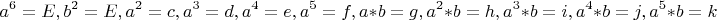 $$a^6=E, b^2=E, a^2=c, a^3=d, a^4=e, a^5=f, a*b=g, a^2*b=h, a^3*b=i, a^4*b=j, a^5*b=k$$
